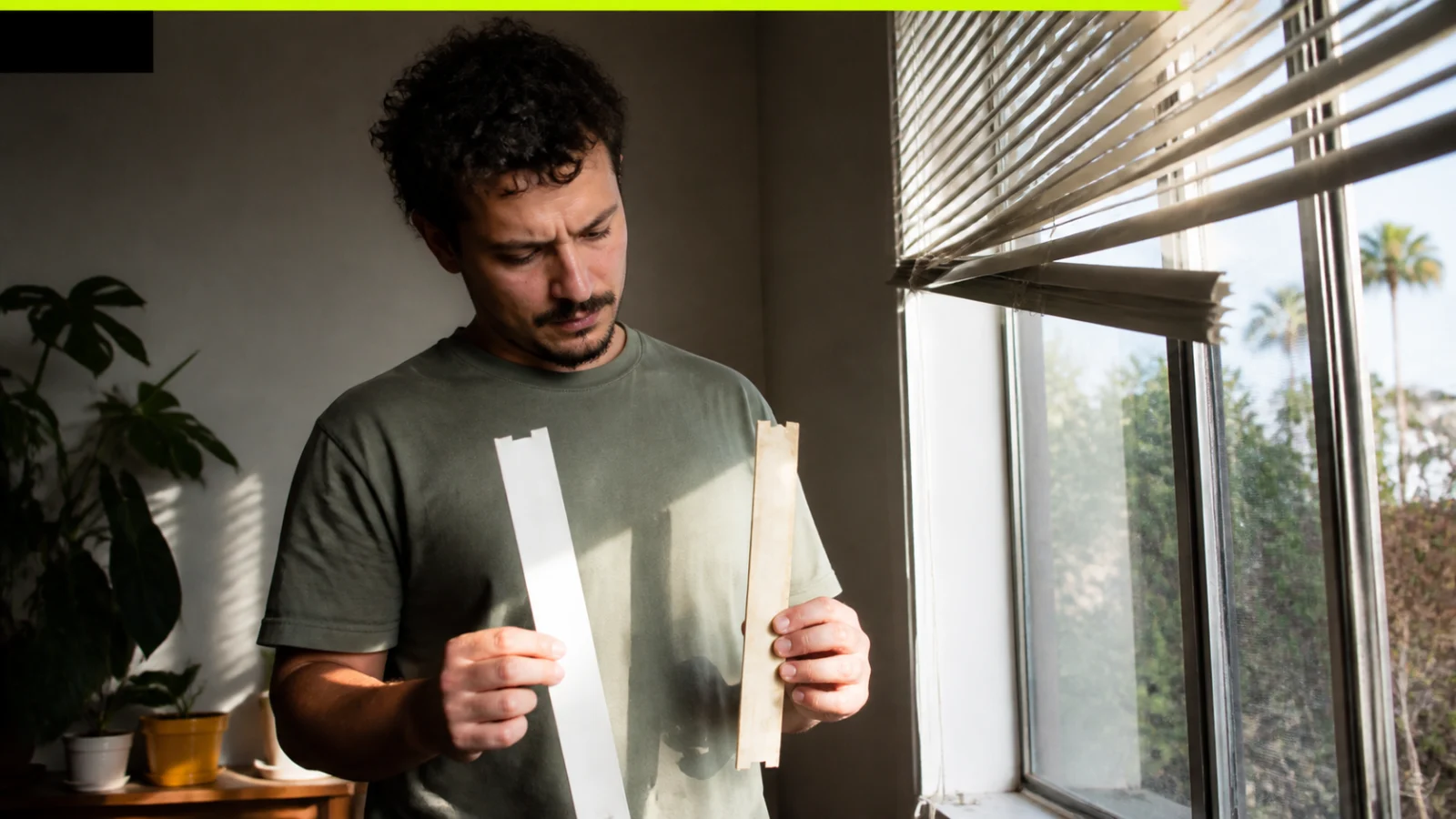 Broken window-blind slat compared with move-in photos, replacement receipt, and deposit statement