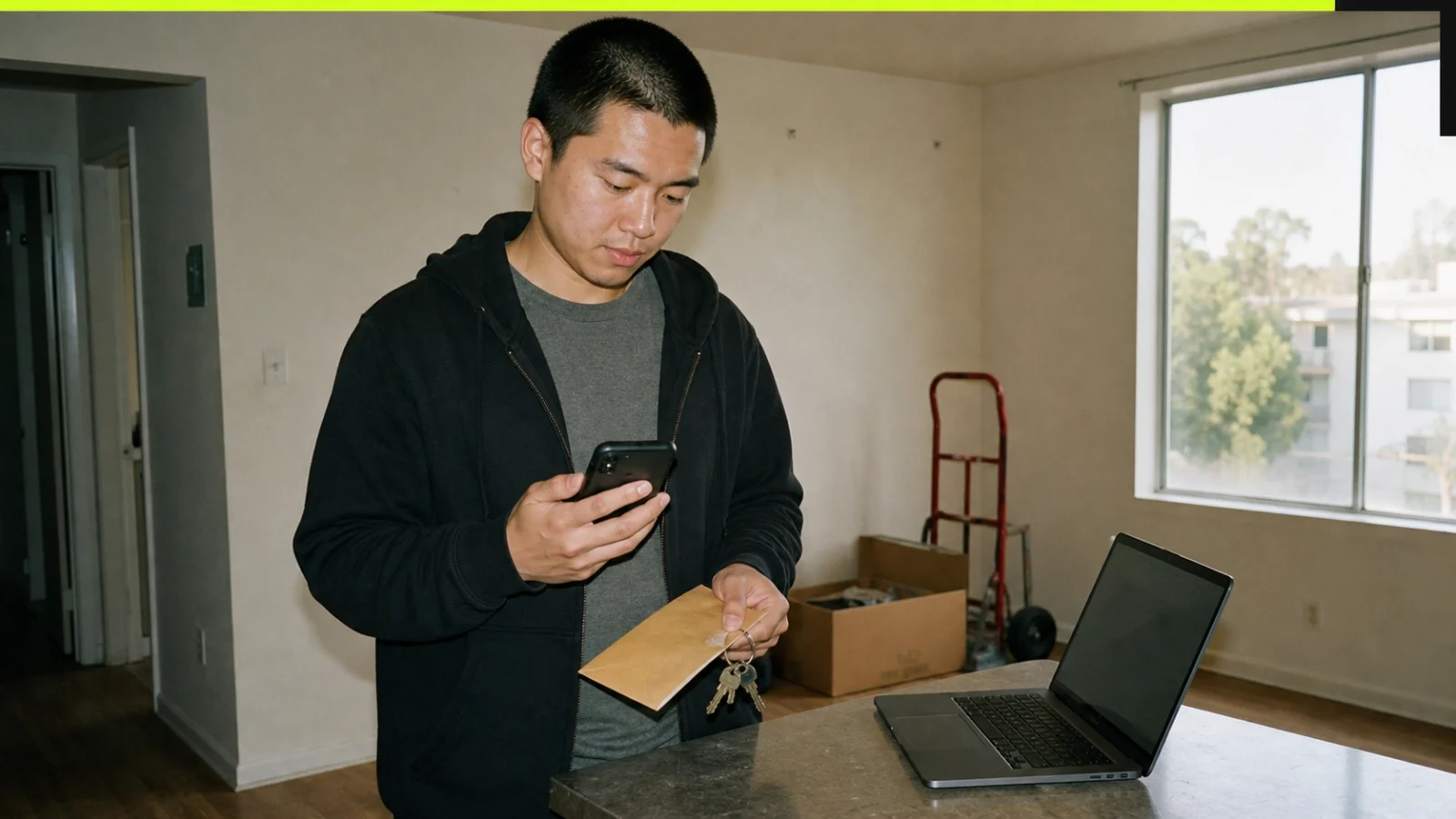 Renter confirming an electronic security deposit refund on a phone beside a lease folder