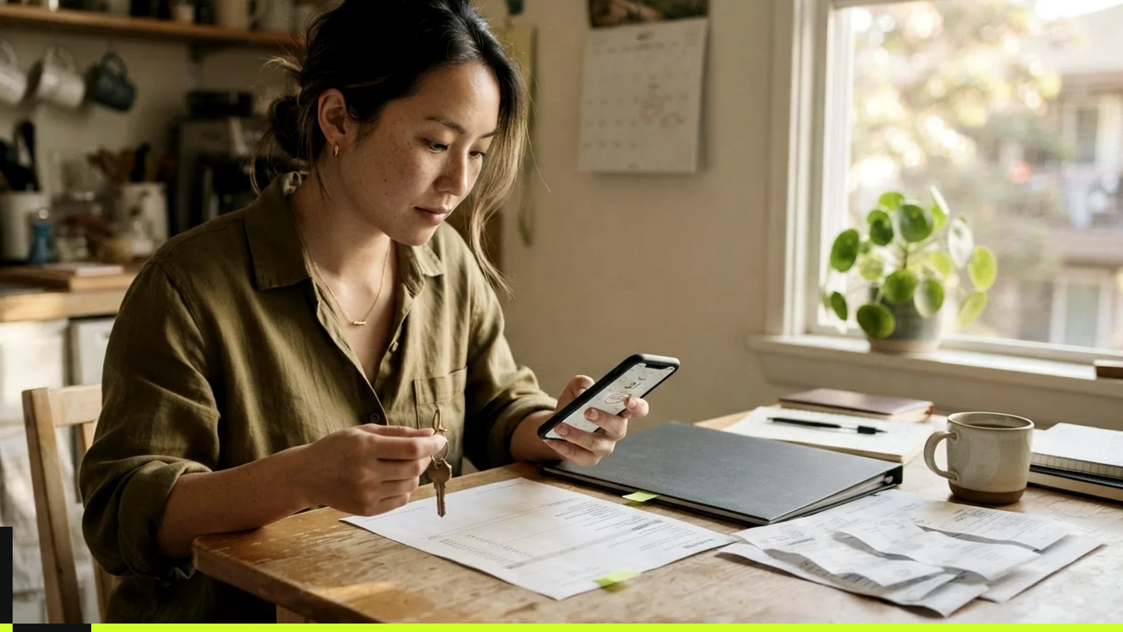 Detailed security deposit itemization being reviewed beside receipts and move-out photos