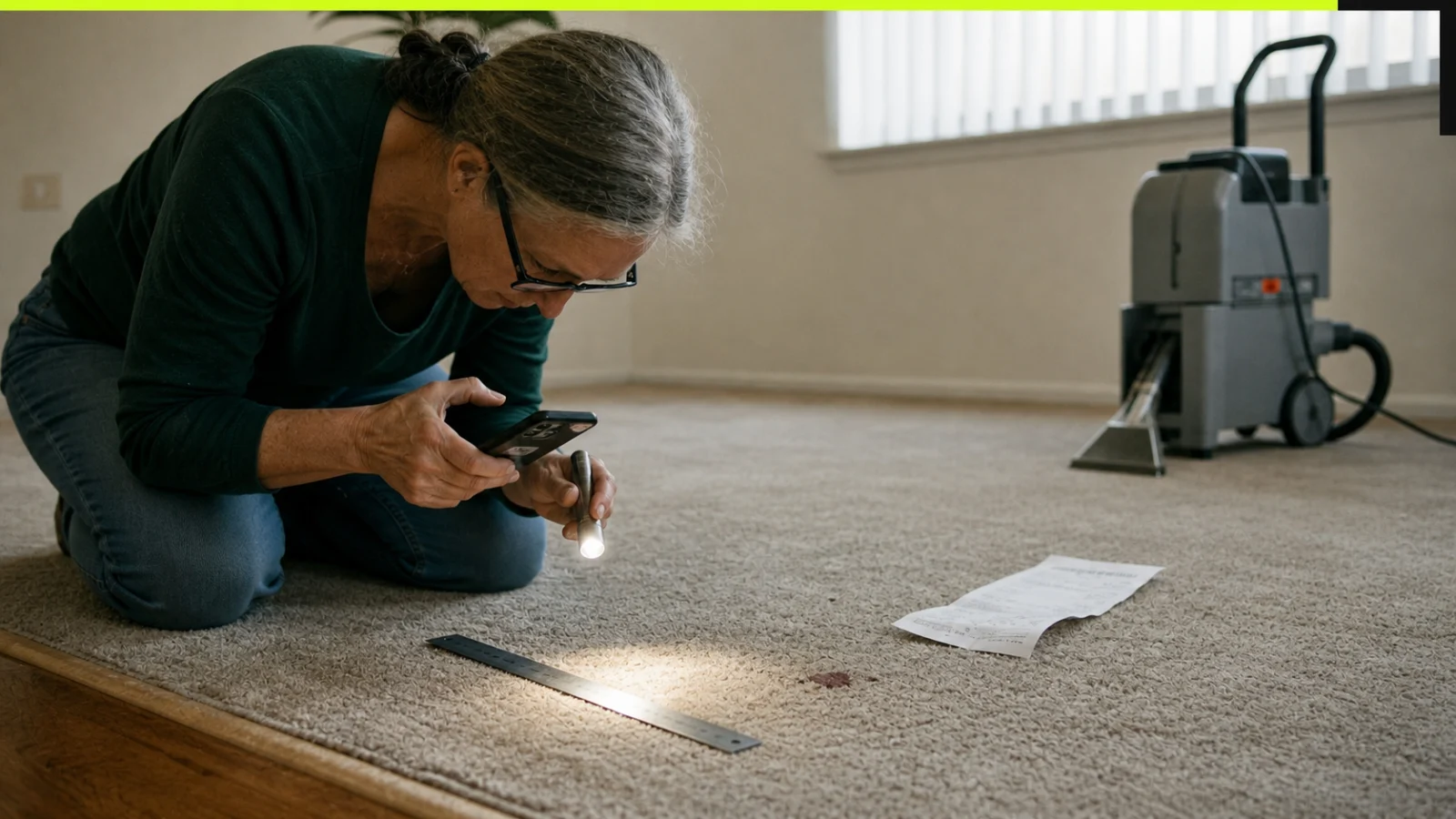 California renter comparing carpet condition photos with a professional cleaning invoice