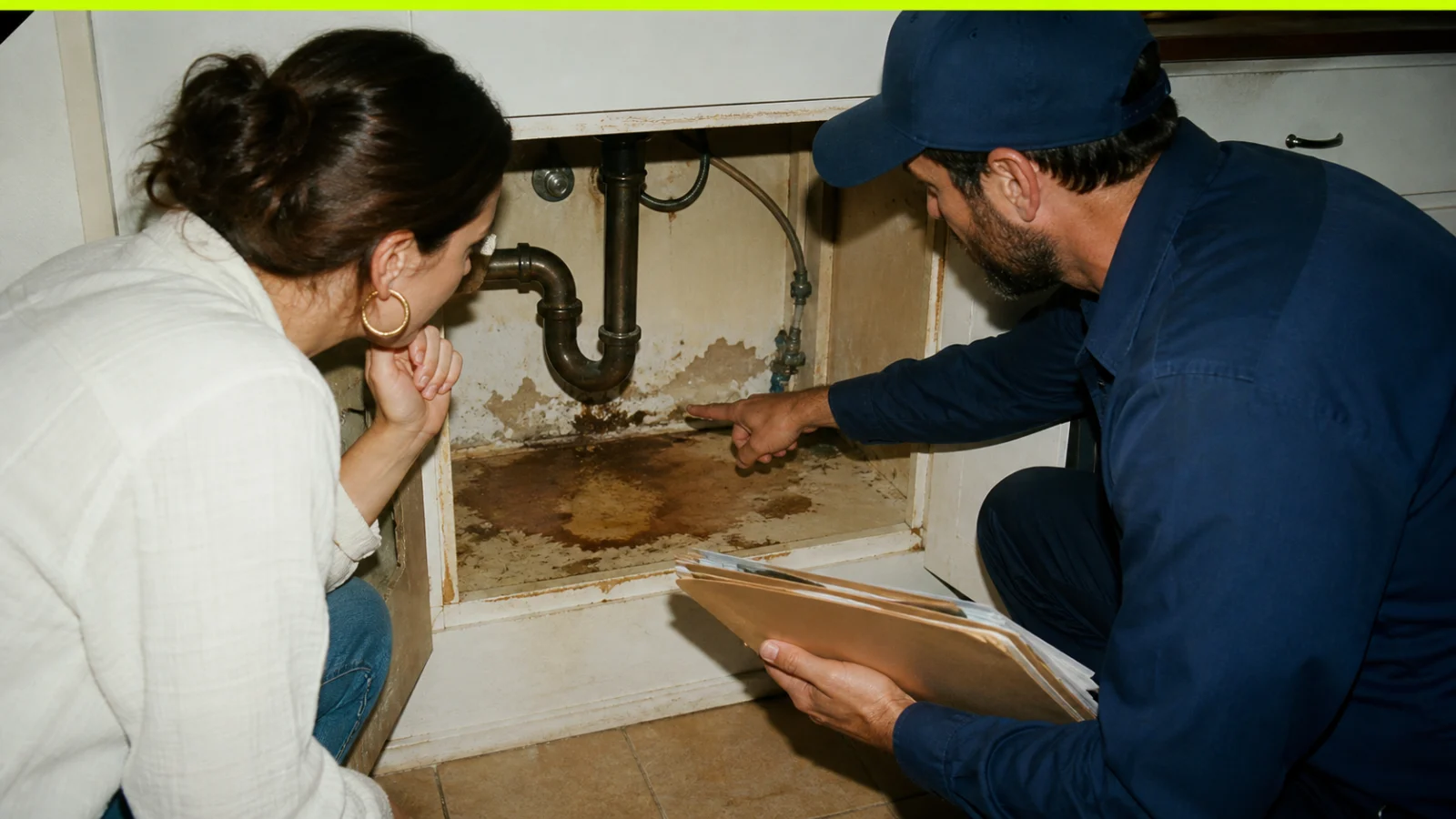 Tenant matching long-term maintenance requests to photos of an aging rental fixture and repair invoice