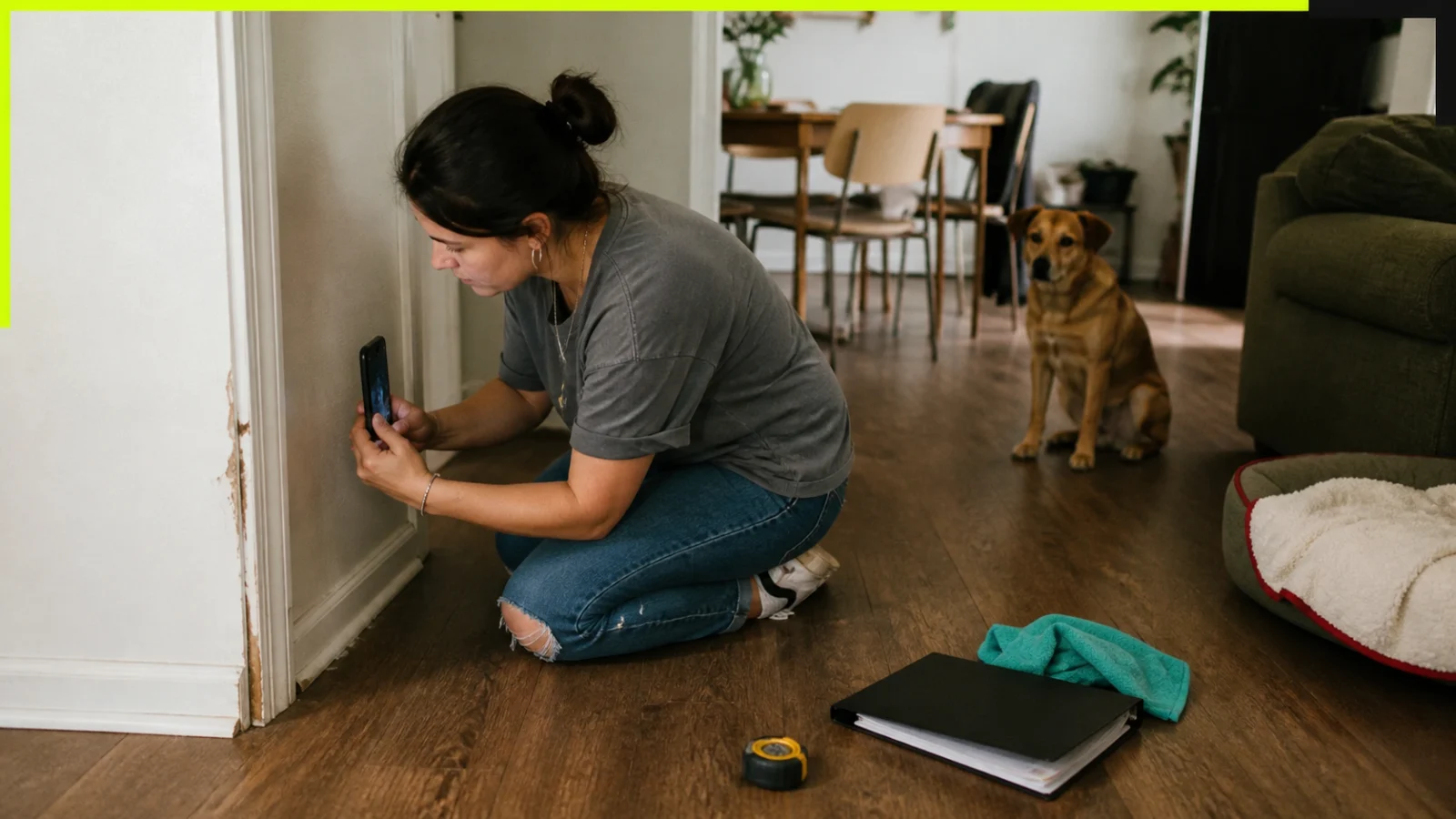 Renter comparing pet-related damage photos with a California security deposit statement